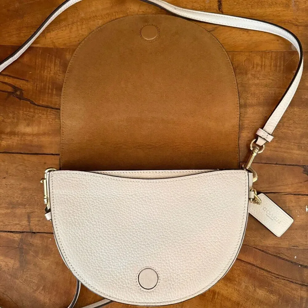 Coach Pebbled Leather Half Moon Saddle Crossbody Bag Chalk Cream Gold Hardware